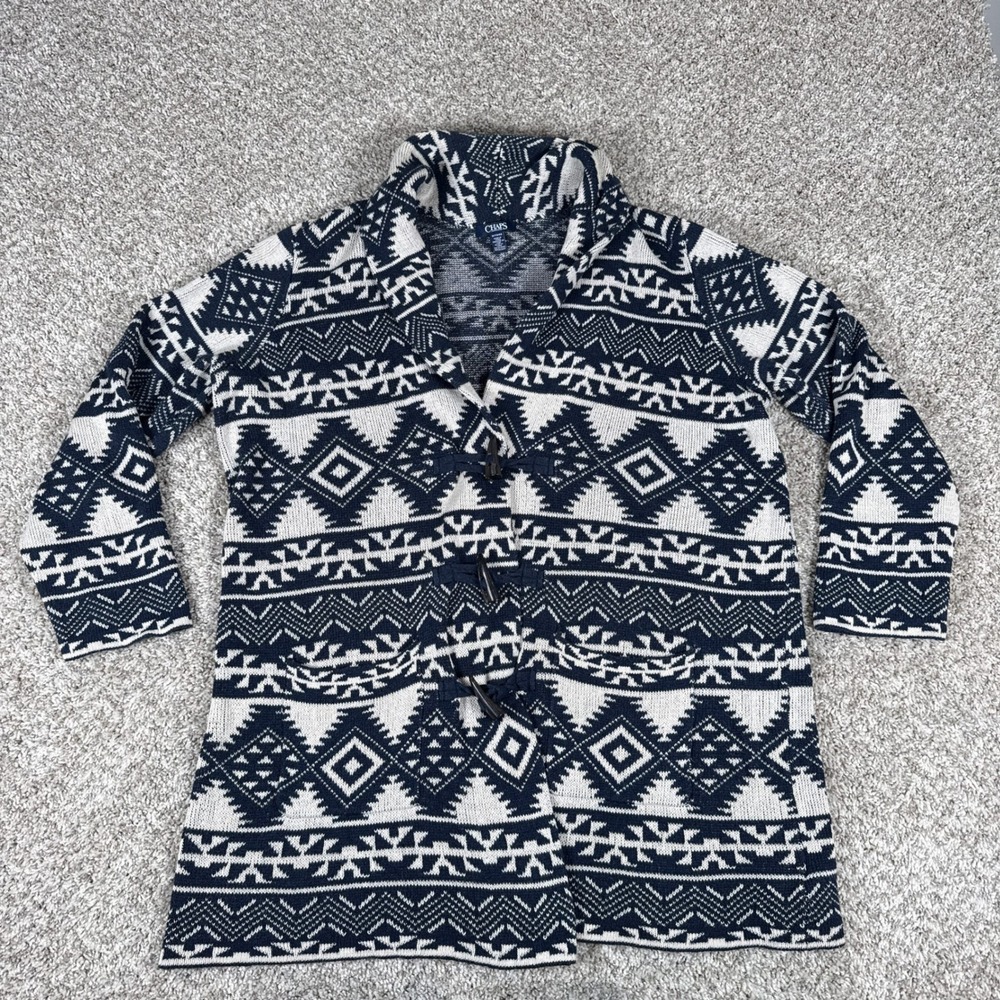 Chaps Cardigan Sweater Womens 1X Navy Blue Aztec Cotton‎ Toggle Southwestern